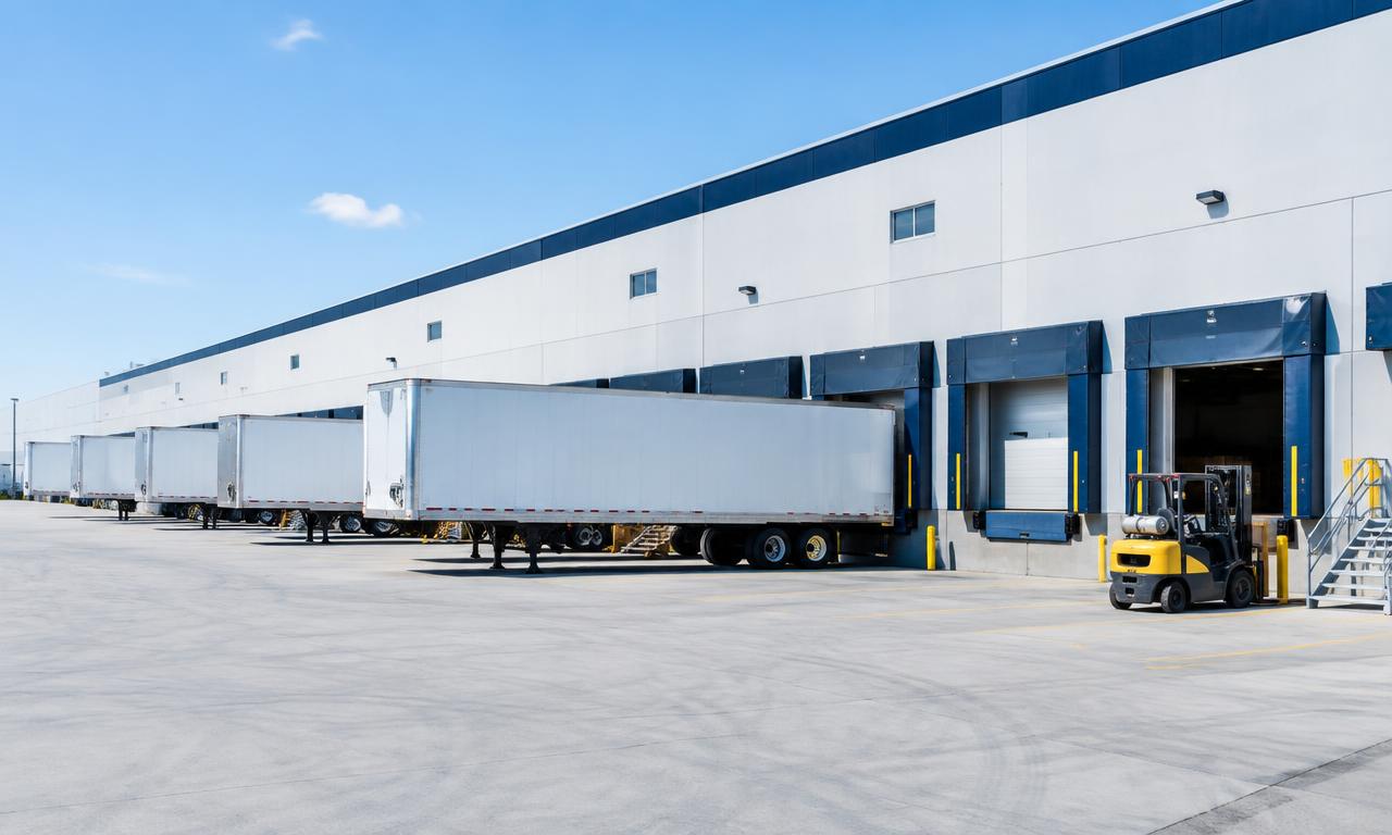 Freight trailers at a modern distribution warehouse